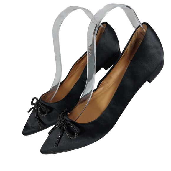 J. CREW! BLACK SATIN LOW HEEL GLITTERY BOW FRONT POINTY TOE FLATS! SZ 6.5M - Picture 10 of 10